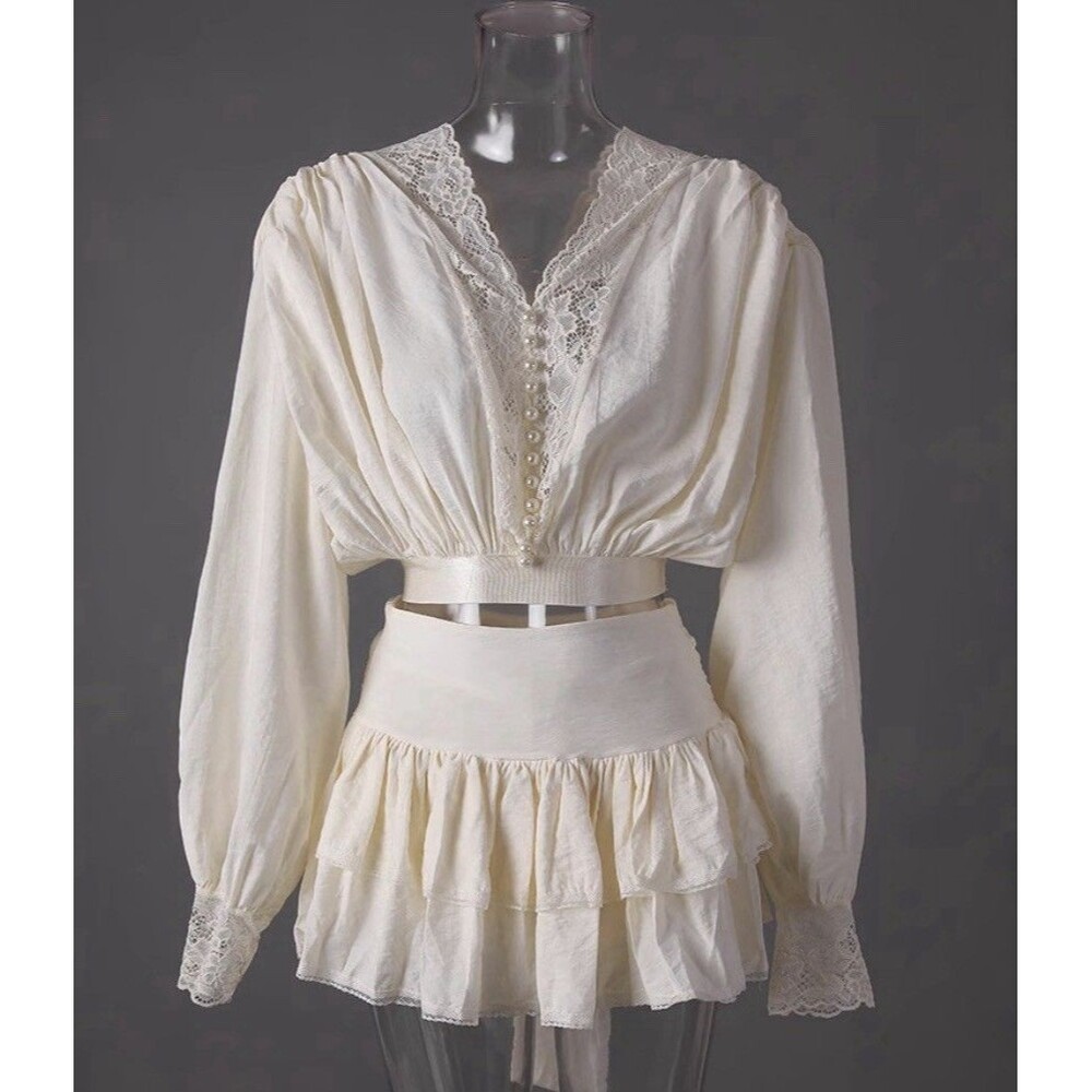 Antique Victorian Inspired White Cotton Blouse Skirt 2 Ps Set Lace Cottage
